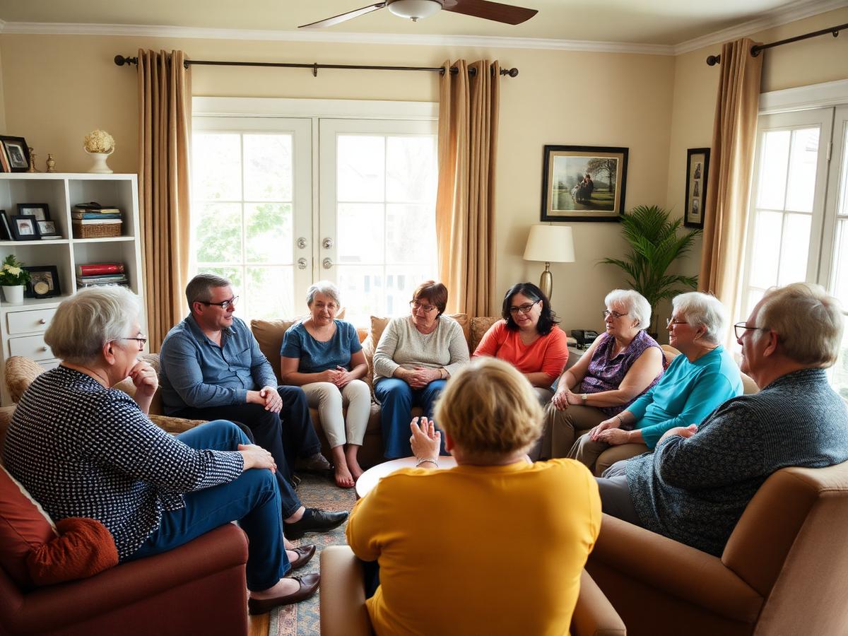 A New First Day support group meeting in a living room